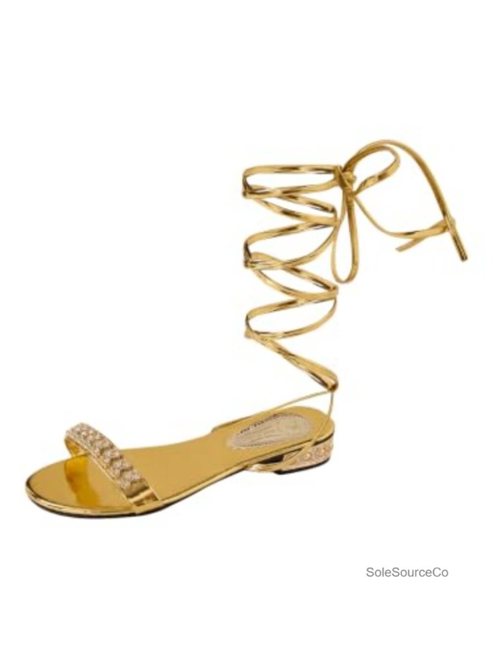 Faux Leather Rhinestone Metallic Lace Up Flat Sandals Gladiator Slides
